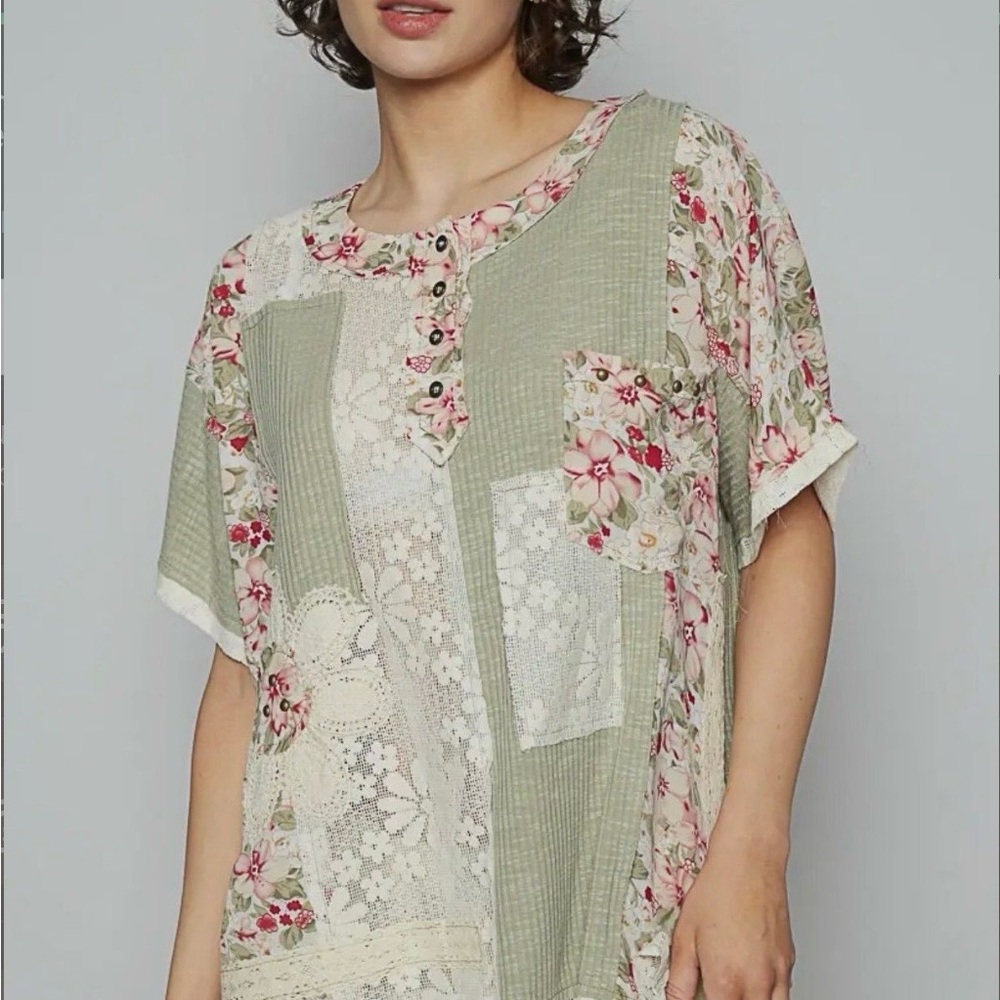 POL Sage Green Floral Patchwork Tunic